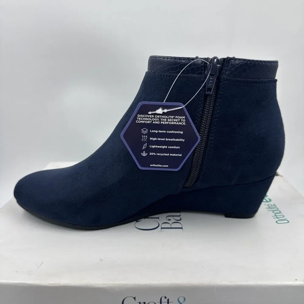 Croft & Barrow Boots Womens 7.5 Ocelote Ankle Ortholite Booties Blue Suede Wedge
